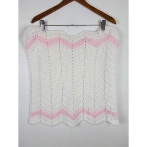 Handmade White & Pink Crochet Baby Doll Blanket Scalloped Hem 19"x19" Square